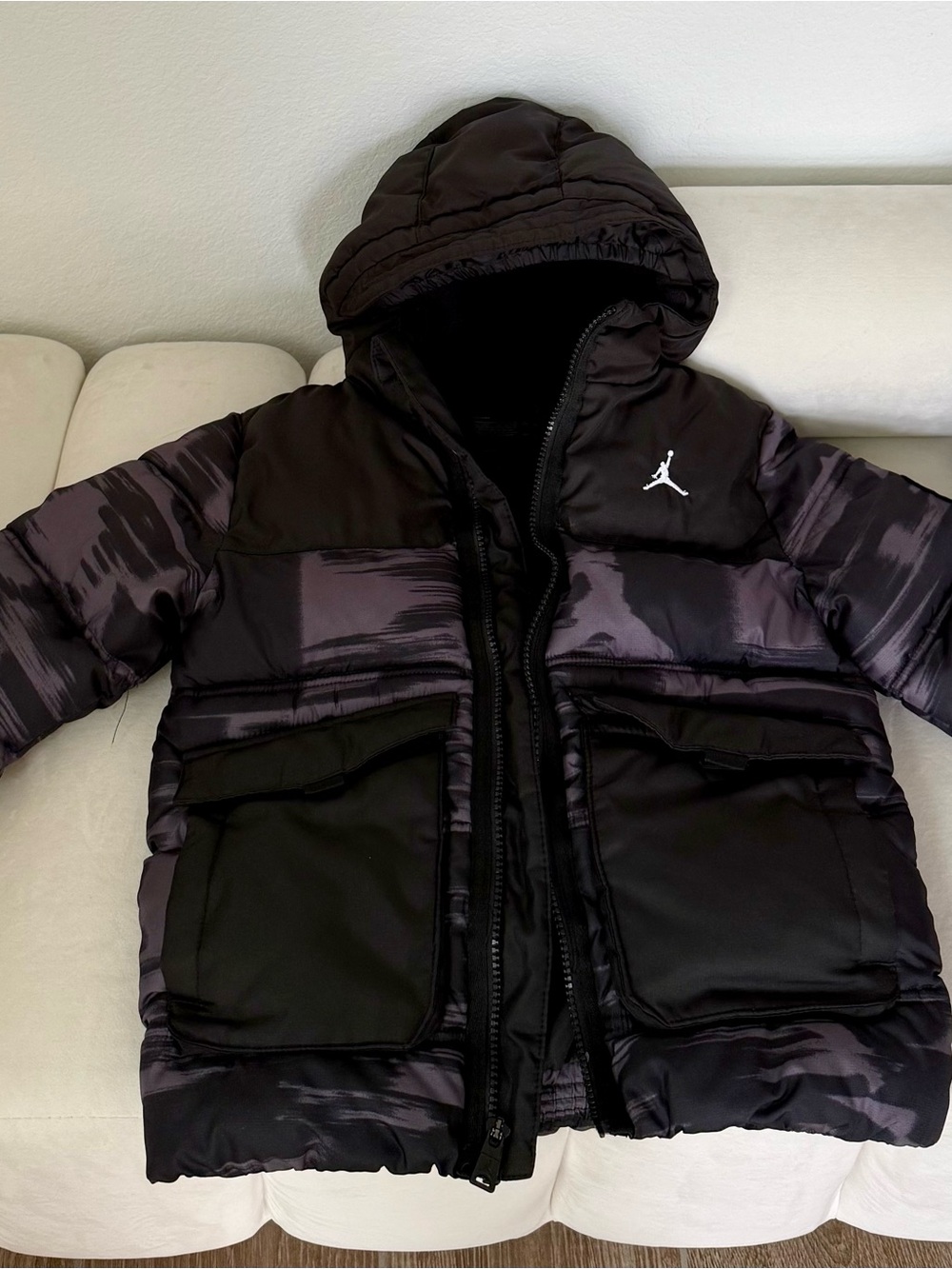 Jordan Black and Charcoal Hooded Puffer Jacket with Jumpman